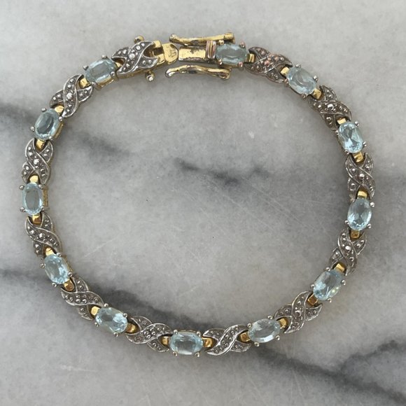 Vintage 925 Yellow Gold Vermeil Silver Tennis Bracelet Natural Blue Topaz Gemsto - Picture 8 of 12